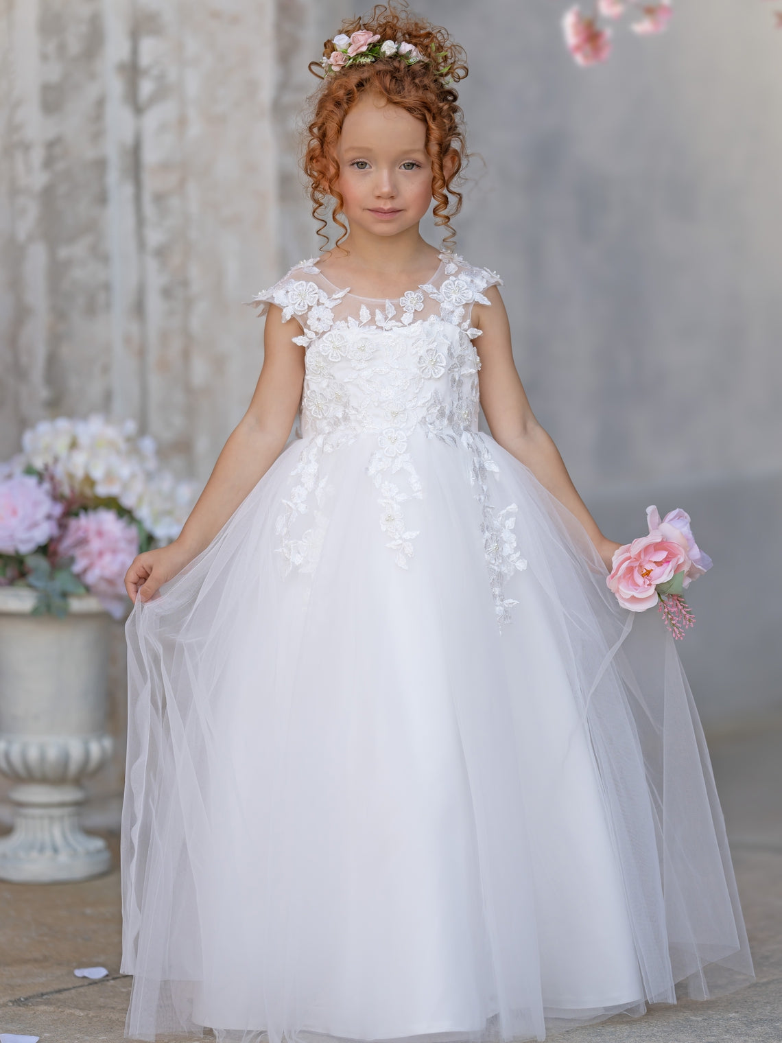 Vestido de princesa color marfil con apliques de encaje y lazo de tul | Vestido de niña de las flores de tul de manga corta hasta el tobillo 