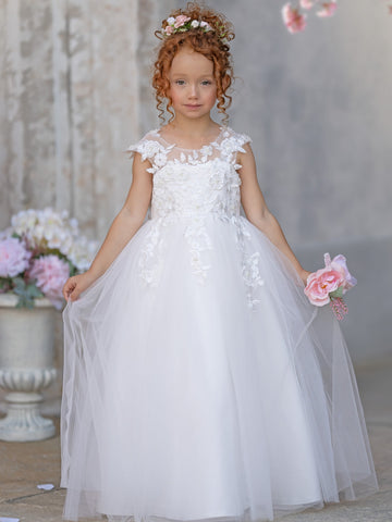 Vestido de princesa color marfil con apliques de encaje y lazo de tul | Vestido de niña de las flores de tul de manga corta hasta el tobillo 