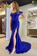 Undeniably Amazing Mermaid Off the Shoulder Royal Blue Sequins Long Prom Dress with Silt
