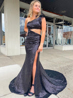 Vestido de sirena negro brillante único de un solo hombro para baile de graduación