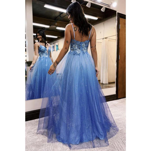 Robe de soirée longue en tulle pailleté ombré à bretelles spaghetti et col en V 