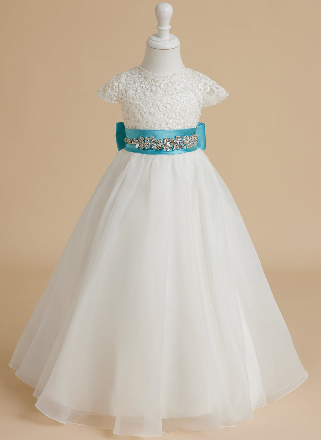 Vestido de niña de las flores color marfil, corte en A, de organza de encaje, hasta el tobillo 
