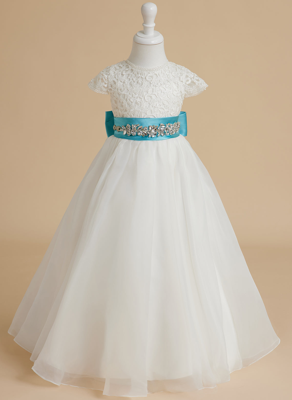 Vestido de niña de las flores color marfil, corte en A, de organza de encaje, hasta el tobillo 