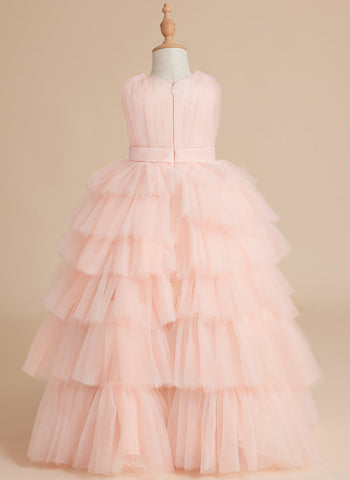 Robe de bal/robe de princesse rose perle sans manches en tulle avec nœud pour demoiselle d'honneur 