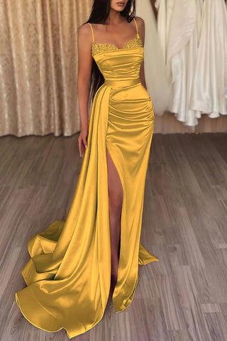 Robe de bal longue gris foncé à fines bretelles sirène et fente sur le devant