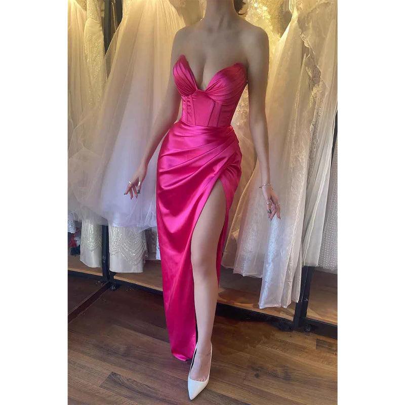 Vestido de fiesta formal largo rosa elegante con escote en V y pliegues, sexy y con abertura 