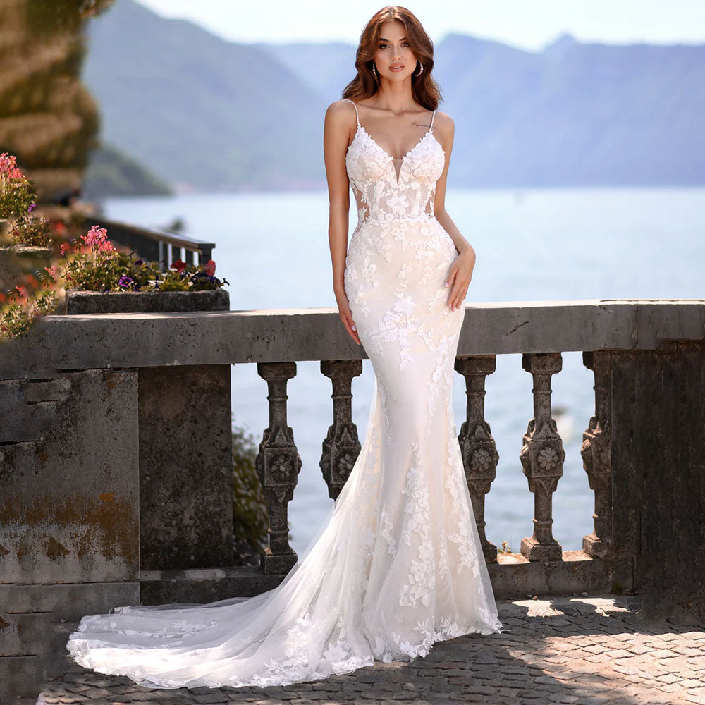 Robe de mariée sirène élégante, col en V, bretelles spaghetti, applications de dentelle, dos nu, longueur au sol, Vestidos De Novia