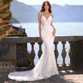 Robe de mariée sirène élégante, col en V, bretelles spaghetti, applications de dentelle, dos nu, longueur au sol, Vestidos De Novia