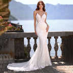 Robe de mariée sirène élégante, col en V, bretelles spaghetti, applications de dentelle, dos nu, longueur au sol, Vestidos De Novia