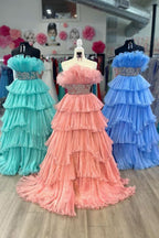 Robe de bal longue bleue tendance, sans bretelles, coupe trapèze, ornée de perles