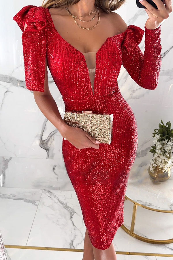 Robe midi stretch asymétrique à volants et sequins, impossible à ignorer 
