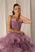 Tulle A-line Tiered Spaghetti-Straps Long Prom Dress