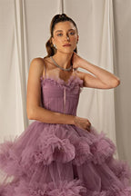 Tulle A-line Tiered Spaghetti-Straps Long Prom Dress