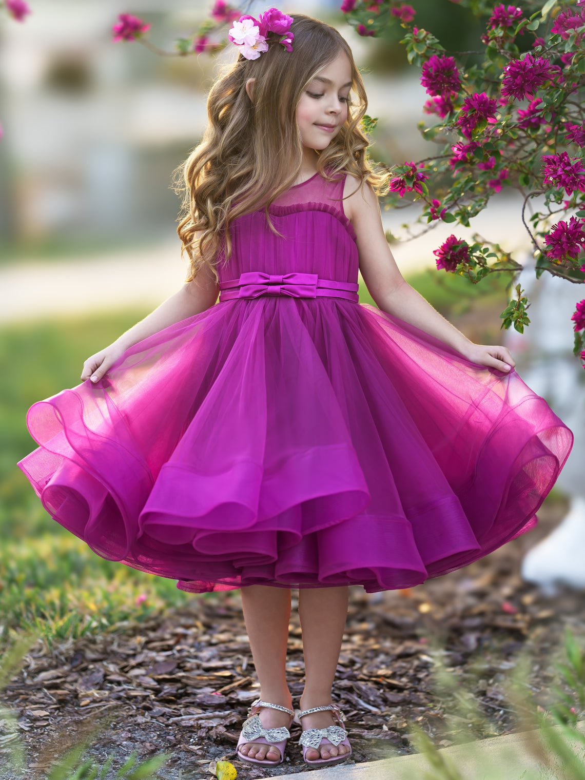 Vestido de princesa/vestido de tul hasta la rodilla para niña de las flores 