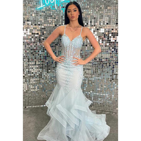 Robe de bal longue sirène transparente à bretelles spaghetti et dentelle appliquée