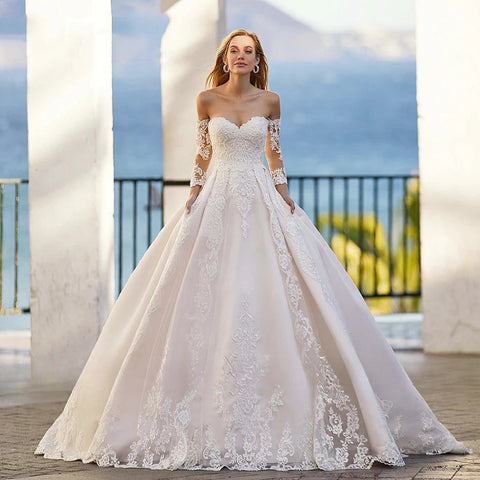 Vestidos de novia elegantes de estilo bohemio con cuentas, escote corazón, hombros descubiertos, manga larga y apliques de encaje para mujer.