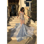 Robe de bal longue sirène en tulle transparent et perles, sans manches, avec traîne