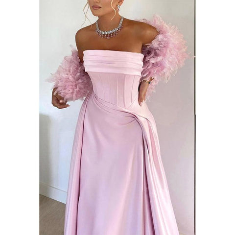 Robe de soirée trapèze plissée sans bretelles avec traîne 