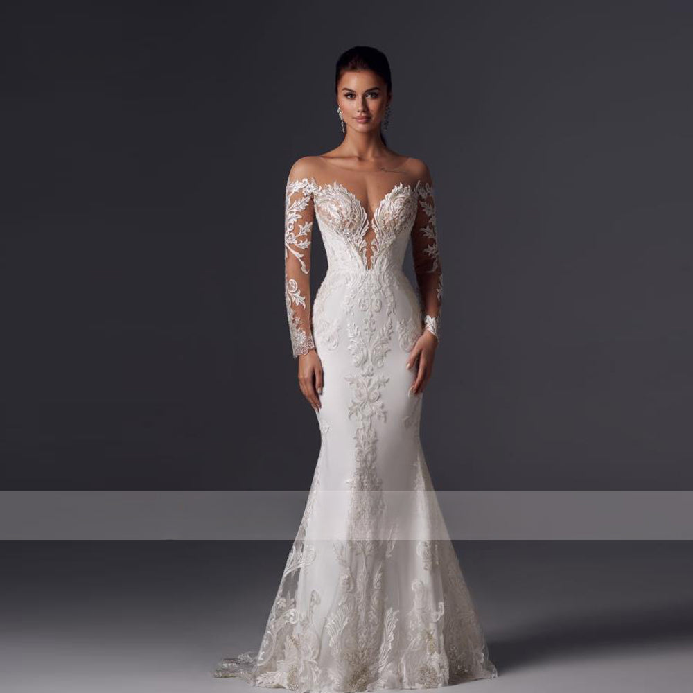 Loverxu Mermaid Vintage Wedding Dresses 2023 Sweetheart Long Sleeve Vestido De Novia Appliques Detachable Train Robe De Mariee