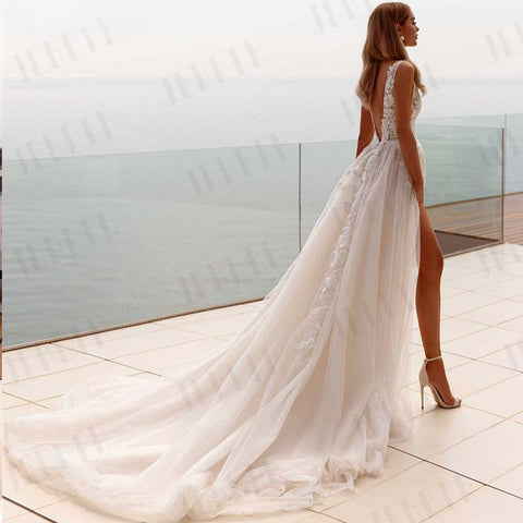 Popular V-neck Lace Applique A Line Wedding Dresses Backless Side Slit Custom Made Formal Bridal Grown 2024