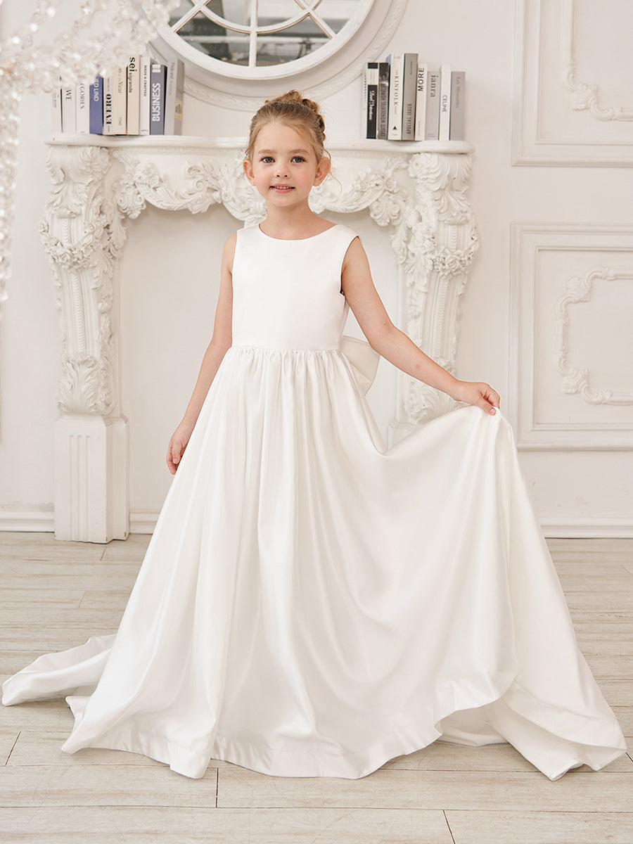 Vestido de niña de las flores de satén sin mangas, corte princesa, con cola y lazo. 