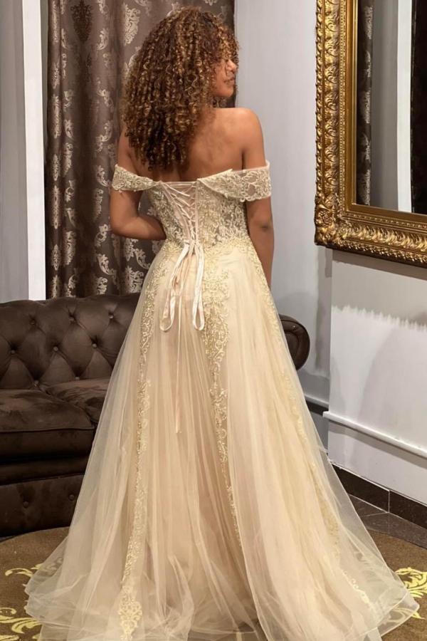 Off-the-Shoulder Tulle Prom Dresses Long With Lace Appliques Online
