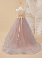 Vestido color champán de corte A con cola de tul satinado (010226776) 
