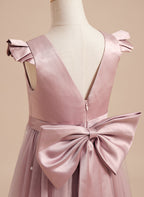 Vestido rosa empolvado de corte A y tul satinado hasta la rodilla (2003227179) 