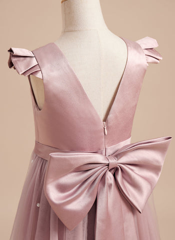 Vestido rosa empolvado de corte A y tul satinado hasta la rodilla (2003227179) 