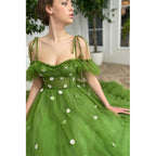 Robe de soirée vintage à bretelles spaghetti et appliques en tulle vert 