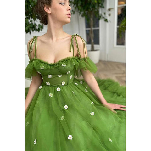 Spaghetti Straps Green Tulle Appliques Vintage Formal Evening Dress