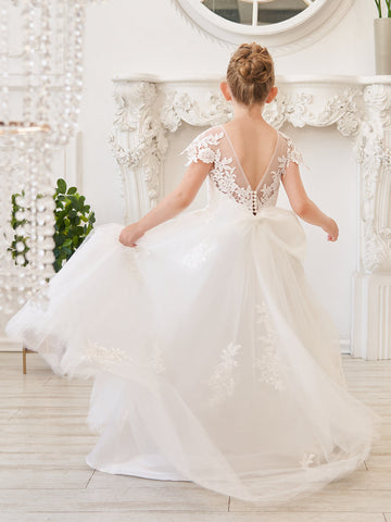 Robe de demoiselle d'honneur princesse ivoire à traîne amovible pour première communion 