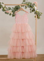 Vestido rosa de corte A, largo hasta el suelo, de tul y encaje (010220942)