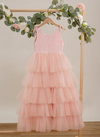 Robe longue rose en tulle et dentelle, coupe trapèze (010220942) 
