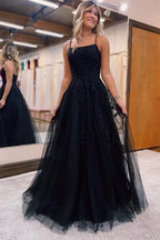 Vestido largo de fiesta de tul corte A con encaje