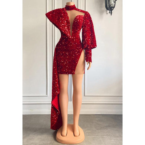 Plunging V-neck Sequins Long Sleeves Prom Dress