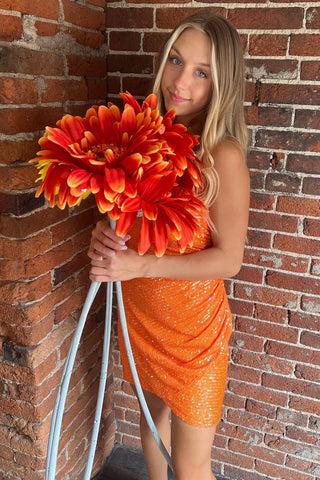 Bodycon Strapless Orange Sequins Short Homecoming Dress