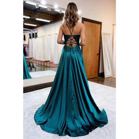 Robe de bal longue trapèze à bretelles spaghetti et appliques en dentelle avec fente