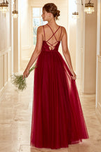 Robe longue de demoiselle d'honneur bordeaux avec dentelle
