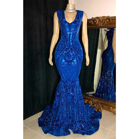 Robe de bal sirène sexy à col en V et paillettes appliquées pour fille noire à couper le souffle