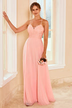 Robe de demoiselle d'honneur en dentelle rose poudré