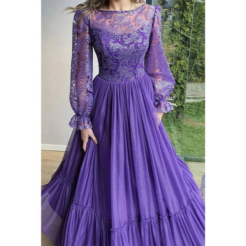 Unique Scoop Lace Long Sleeves A-line Formal Evening Dress