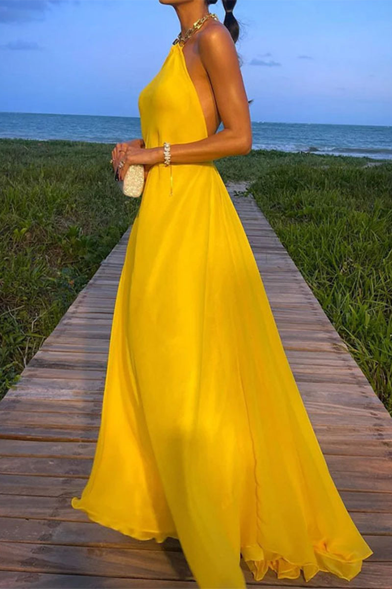 Elegantes vestidos de noche lisos sin espalda con cuello halter 