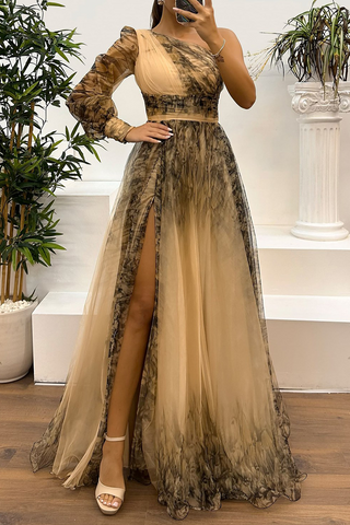 Vestidos de noche sexys para baile de graduación con estampado floral, abertura, malla en forma de flor y hombros caídos (6 colores) 