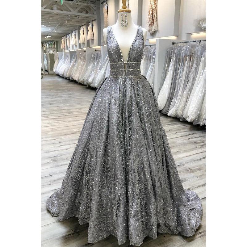 Plunging V-neck Grey Lace Gown Long Prom Dress