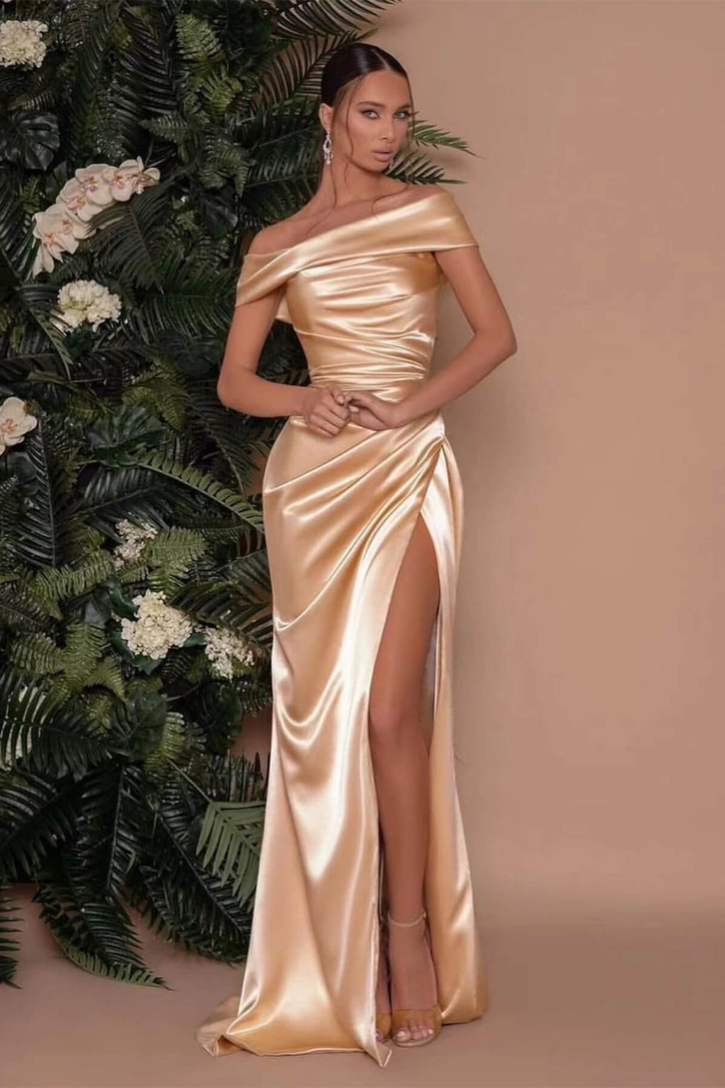 Off The Shoulder Charmeuse Prom Dress Split Ruffle Mermaid