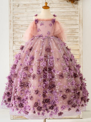 Vestido de gala/de princesa con tul y flores en 3D hasta el suelo 