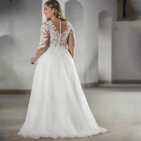 Vestido de novia blanco elegante con escote en V, manga corta y apliques de encaje. Tallas grandes. Largo hasta el suelo. 