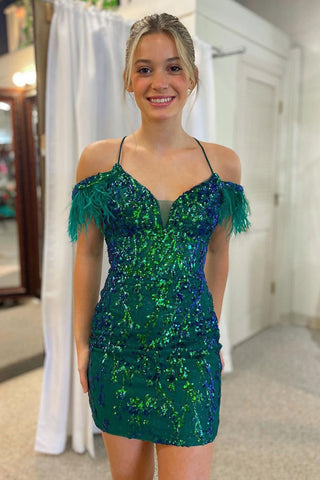 Sparkly Sheath Off the Shoulder Dark Green Short Homecoming Dress with Feather
