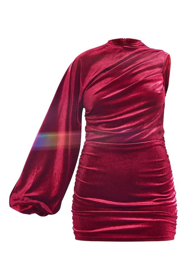 Robe mini moulante en velours extensible à une épaule et détail froncé, tenue de soirée